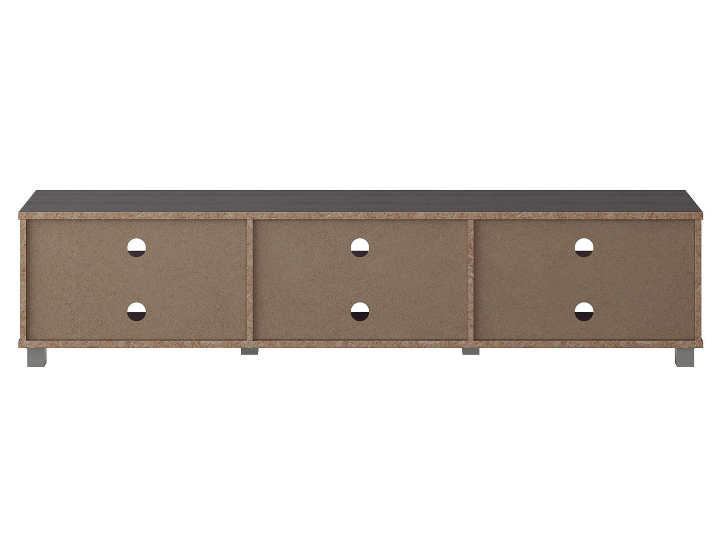Grey modern TV stand for TVs up to 85 inches, featuring sleek lines, minimalist design, and ample storage with open shelves and cabinets. Made from durable wood with a smooth finish, perfect for contemporary living rooms.