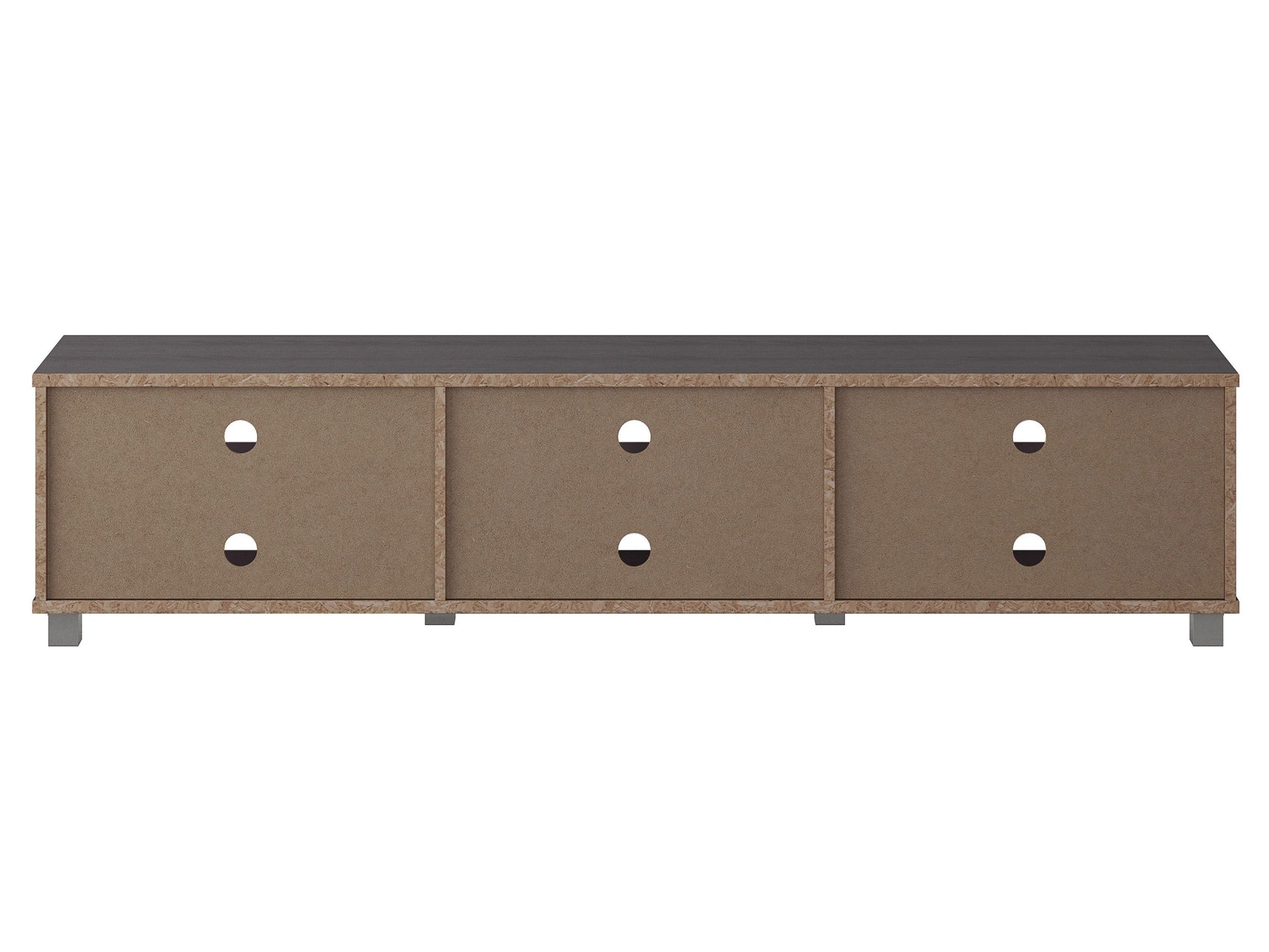 Grey modern TV stand for TVs up to 85 inches, featuring sleek lines, minimalist design, and ample storage with open shelves and cabinets. Made from durable wood with a smooth finish, perfect for contemporary living rooms.