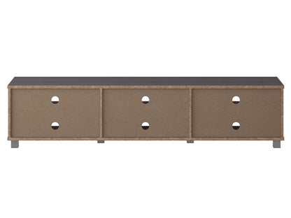 Grey modern TV stand for TVs up to 85 inches, featuring sleek lines, minimalist design, and ample storage with open shelves and cabinets. Made from durable wood with a smooth finish, perfect for contemporary living rooms.