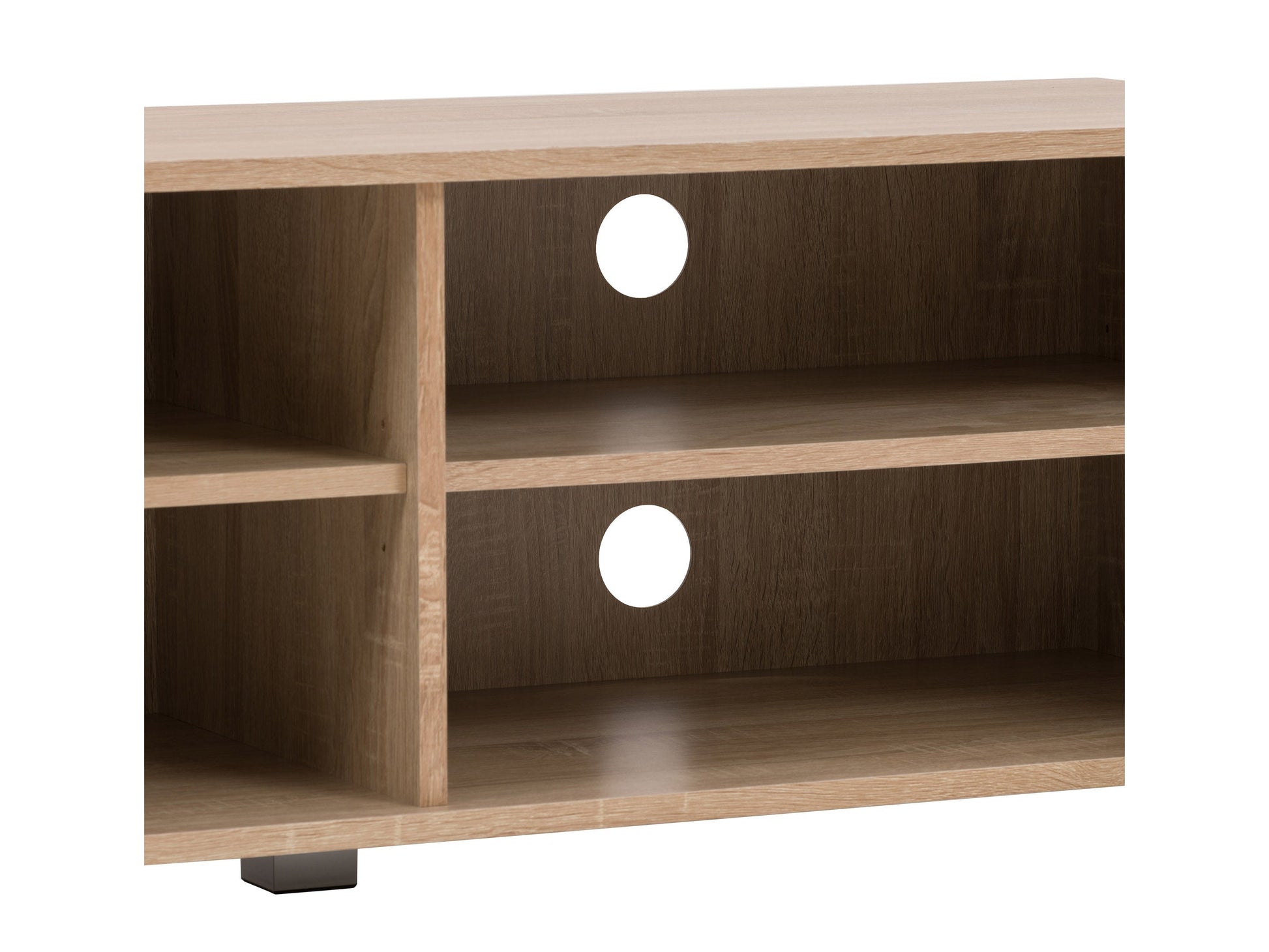 Modern brown TV stand for TVs up to 85 inches, featuring sleek lines, wood finish, open shelving, and two cabinets with metal handles for storage. Ideal for contemporary living rooms.