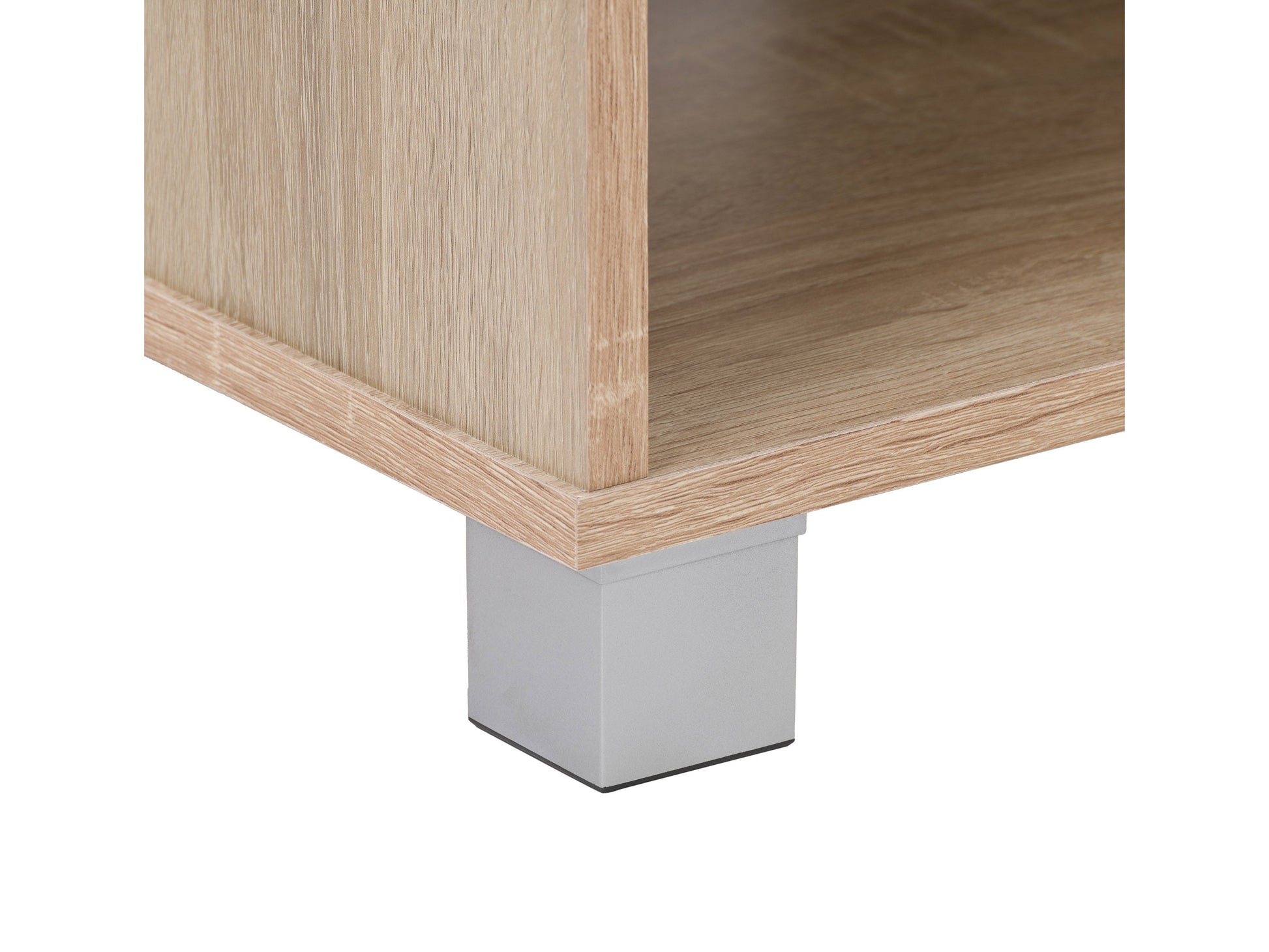 Modern brown TV stand for TVs up to 85 inches, featuring sleek lines, wood finish, open shelving, and two cabinets with metal handles for storage. Ideal for contemporary living rooms.