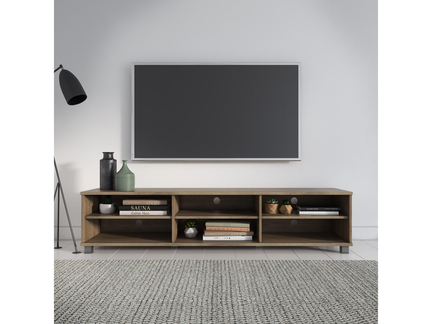 Modern brown TV stand for TVs up to 85 inches, featuring sleek lines, wood finish, open shelving, and two cabinets with metal handles for storage. Ideal for contemporary living rooms.
