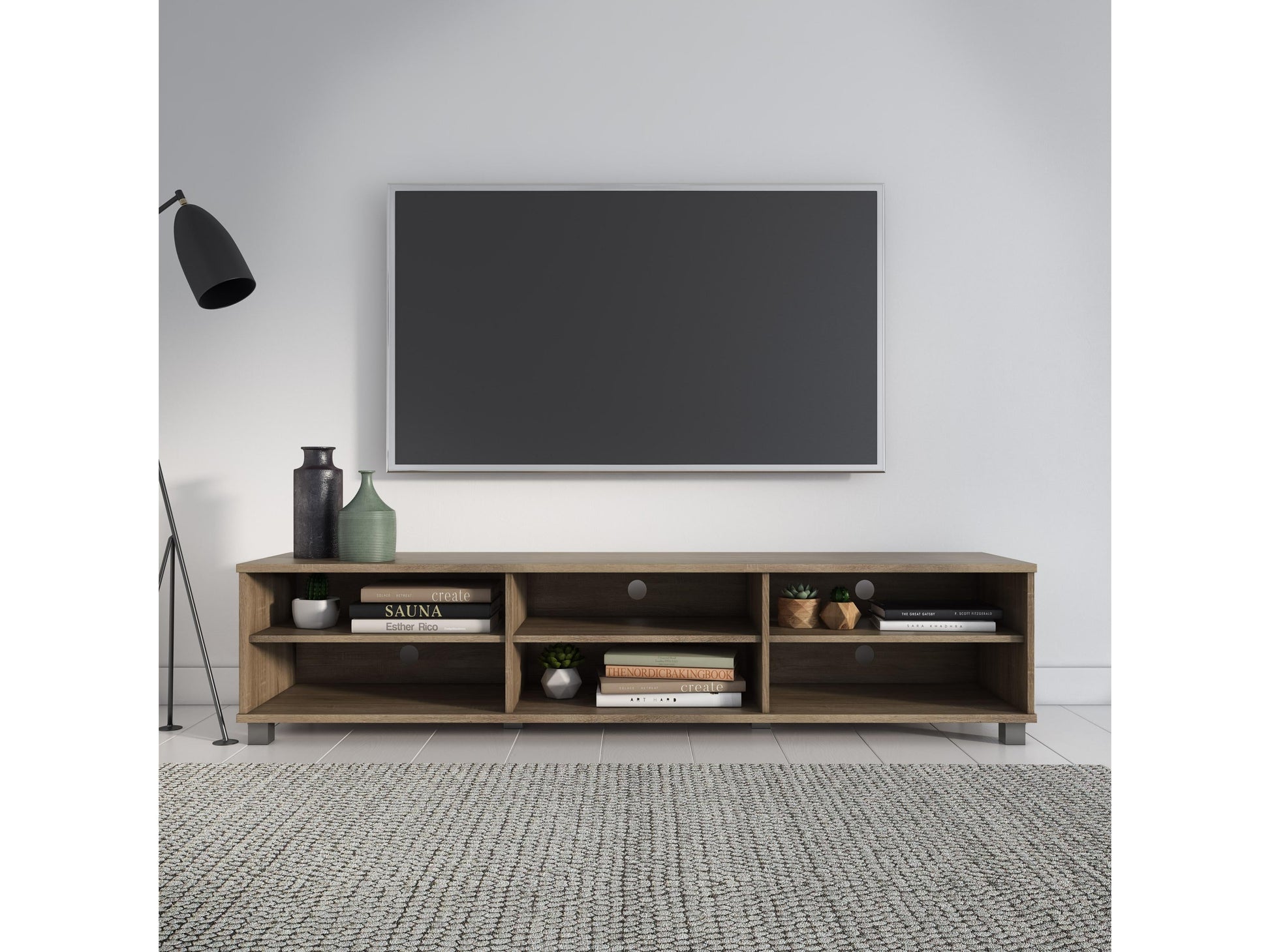 Modern brown TV stand for TVs up to 85 inches, featuring sleek lines, wood finish, open shelving, and two cabinets with metal handles for storage. Ideal for contemporary living rooms.