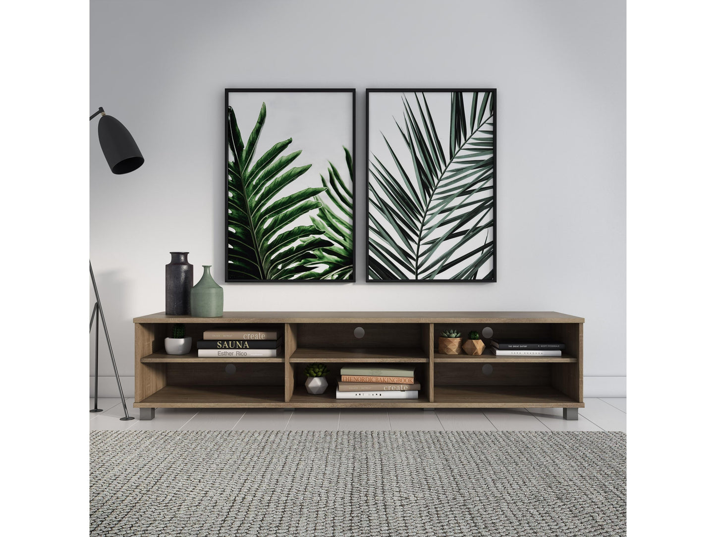 Modern brown TV stand for TVs up to 85 inches, featuring sleek lines, wood finish, open shelving, and two cabinets with metal handles for storage. Ideal for contemporary living rooms.