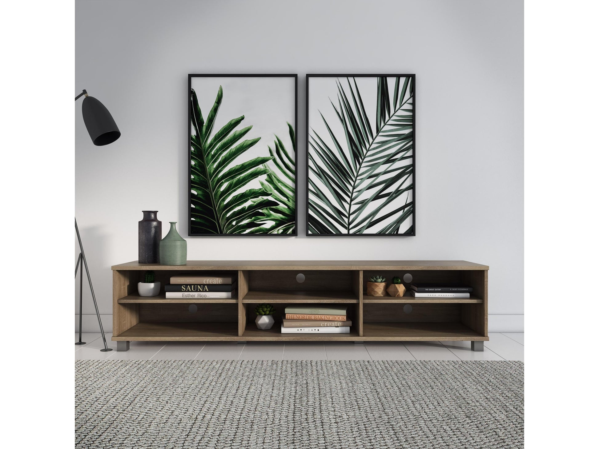 Modern brown TV stand for TVs up to 85 inches, featuring sleek lines, wood finish, open shelving, and two cabinets with metal handles for storage. Ideal for contemporary living rooms.