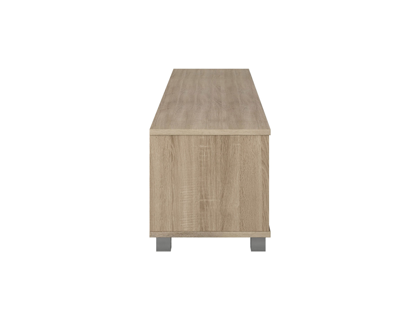 Modern brown TV stand for TVs up to 85 inches, featuring sleek lines, wood finish, open shelving, and two cabinets with metal handles for storage. Ideal for contemporary living rooms.