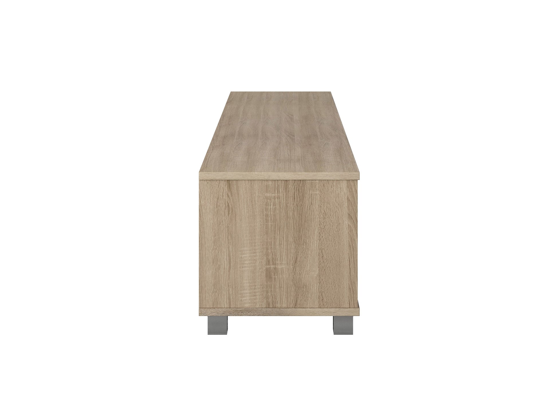 Modern brown TV stand for TVs up to 85 inches, featuring sleek lines, wood finish, open shelving, and two cabinets with metal handles for storage. Ideal for contemporary living rooms.