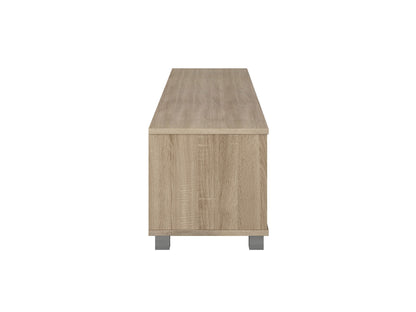 Modern brown TV stand for TVs up to 85 inches, featuring sleek lines, wood finish, open shelving, and two cabinets with metal handles for storage. Ideal for contemporary living rooms.