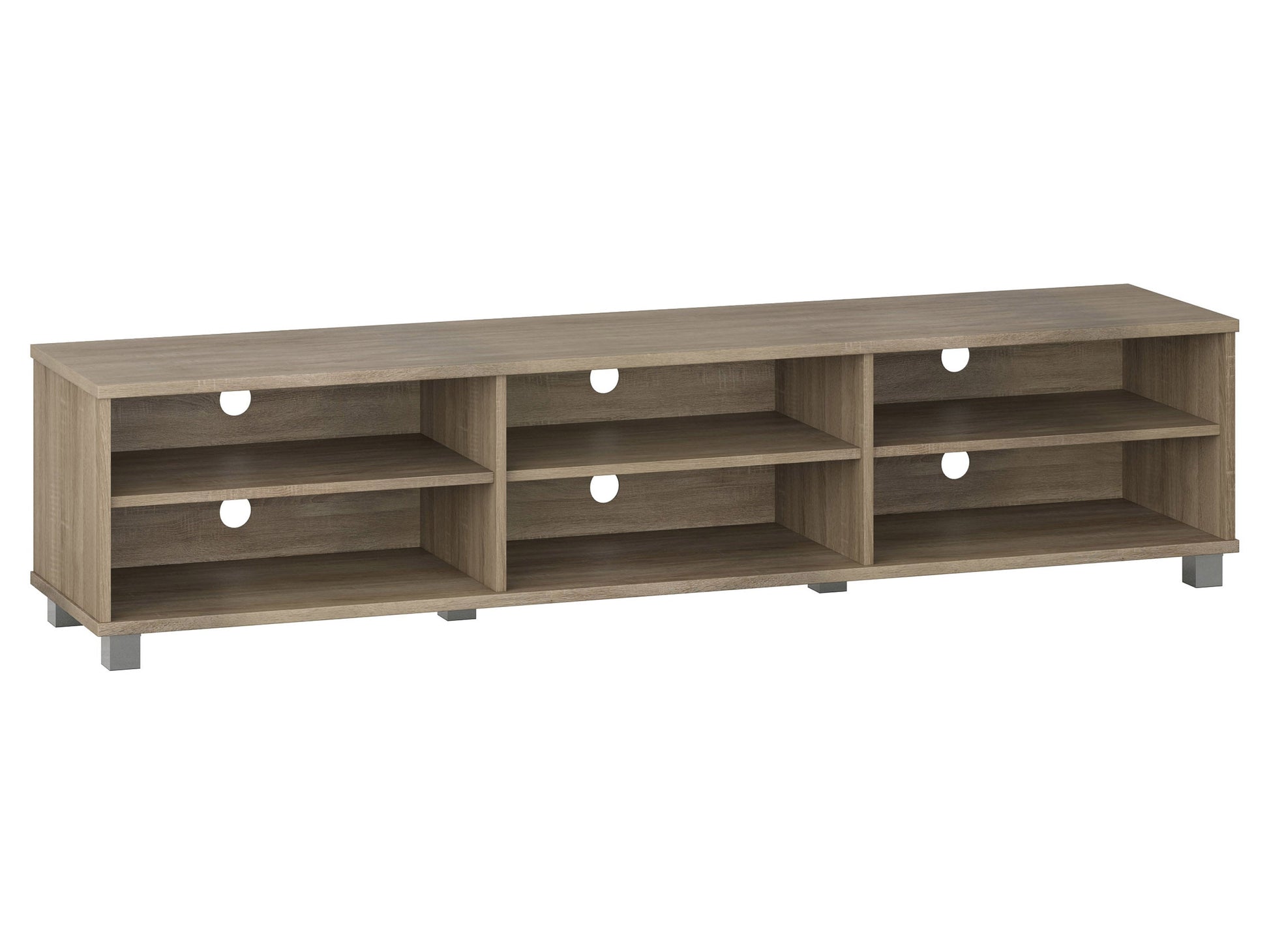 Modern brown TV stand for TVs up to 85 inches, featuring sleek lines, wood finish, open shelving, and two cabinets with metal handles for storage. Ideal for contemporary living rooms.