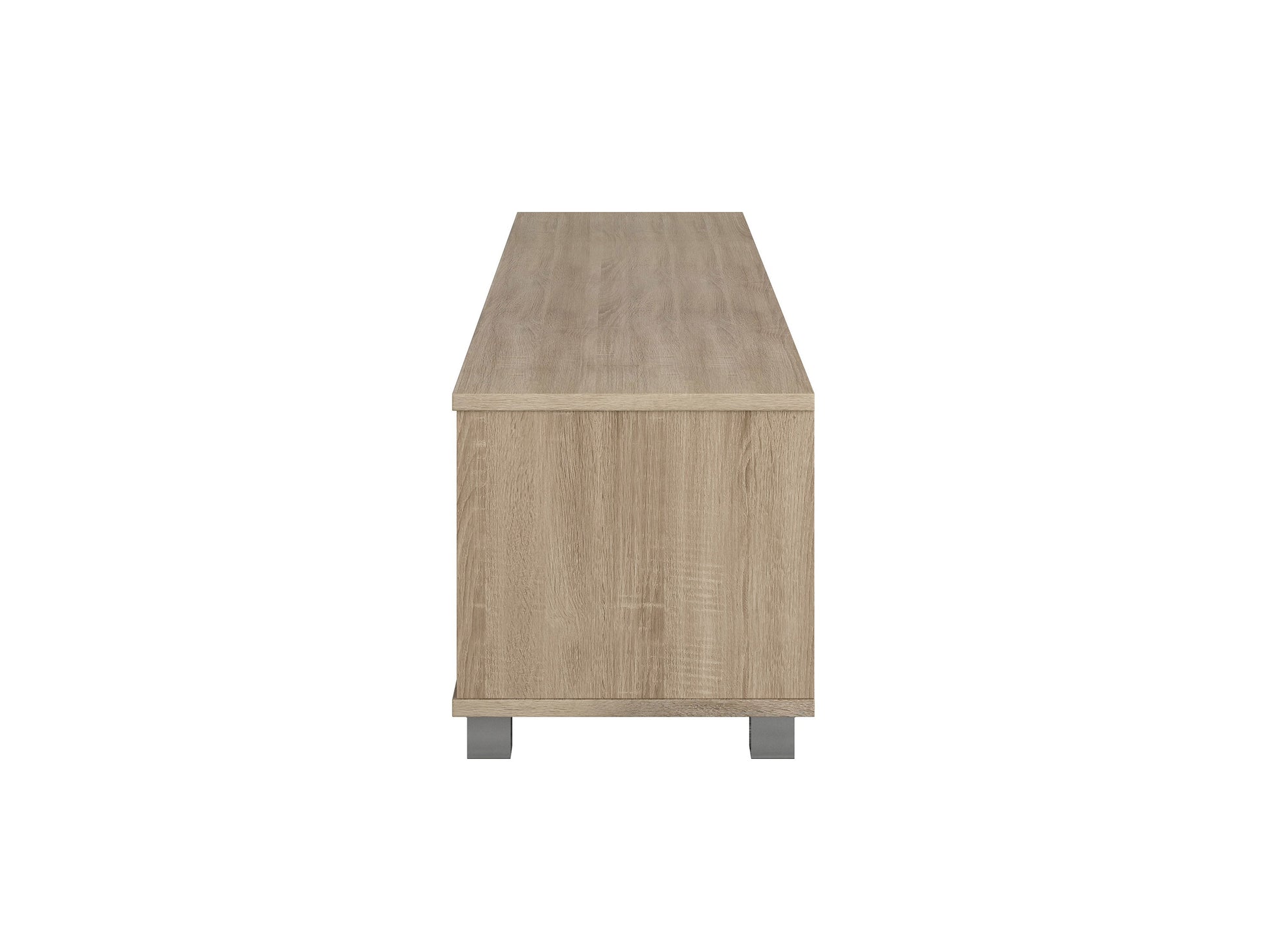 Modern brown TV stand for TVs up to 85 inches, featuring sleek lines, wood finish, open shelving, and two cabinets with metal handles for storage. Ideal for contemporary living rooms.