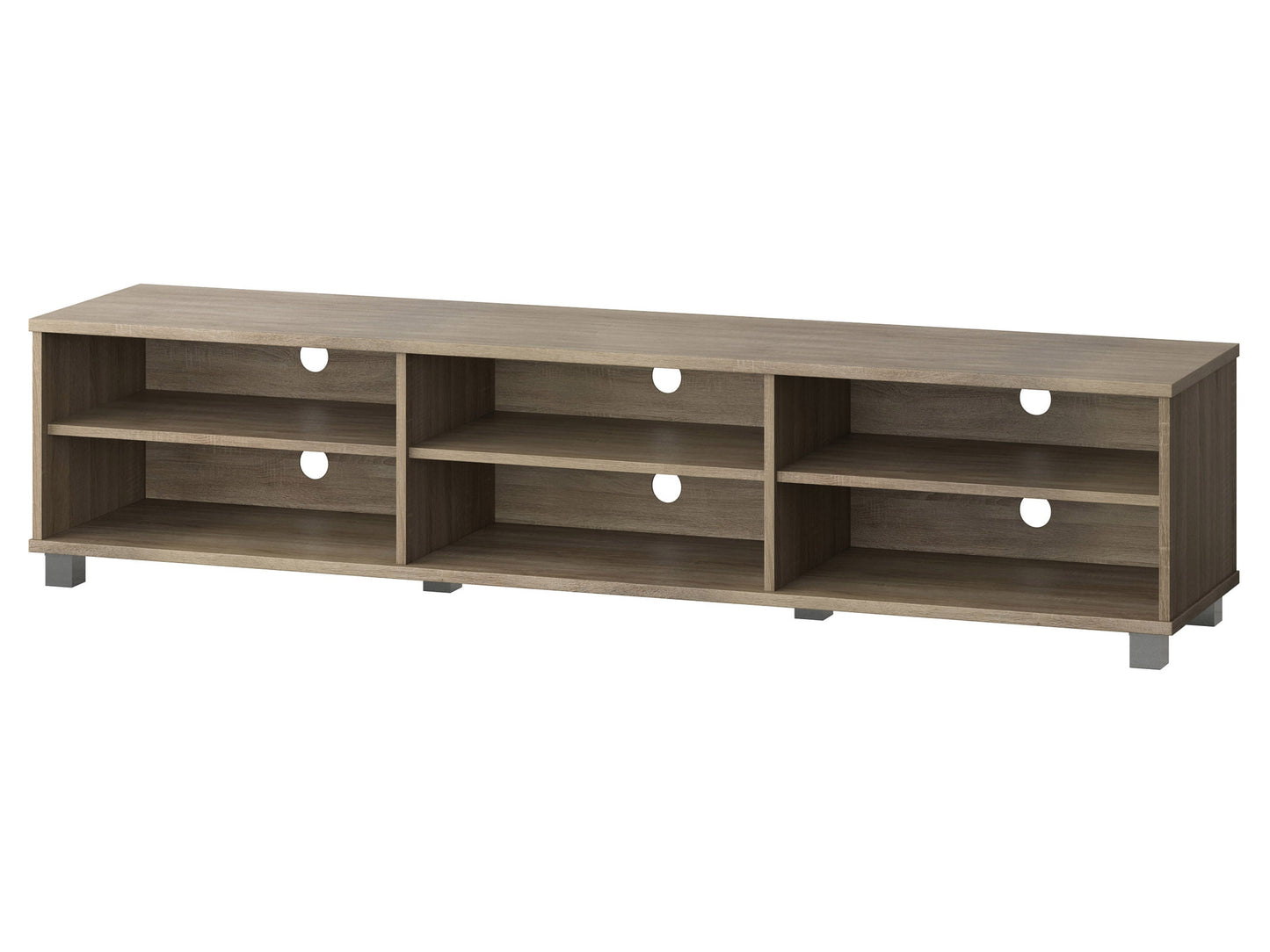 Modern brown TV stand for TVs up to 85 inches, featuring sleek lines, wood finish, open shelving, and two cabinets with metal handles for storage. Ideal for contemporary living rooms.