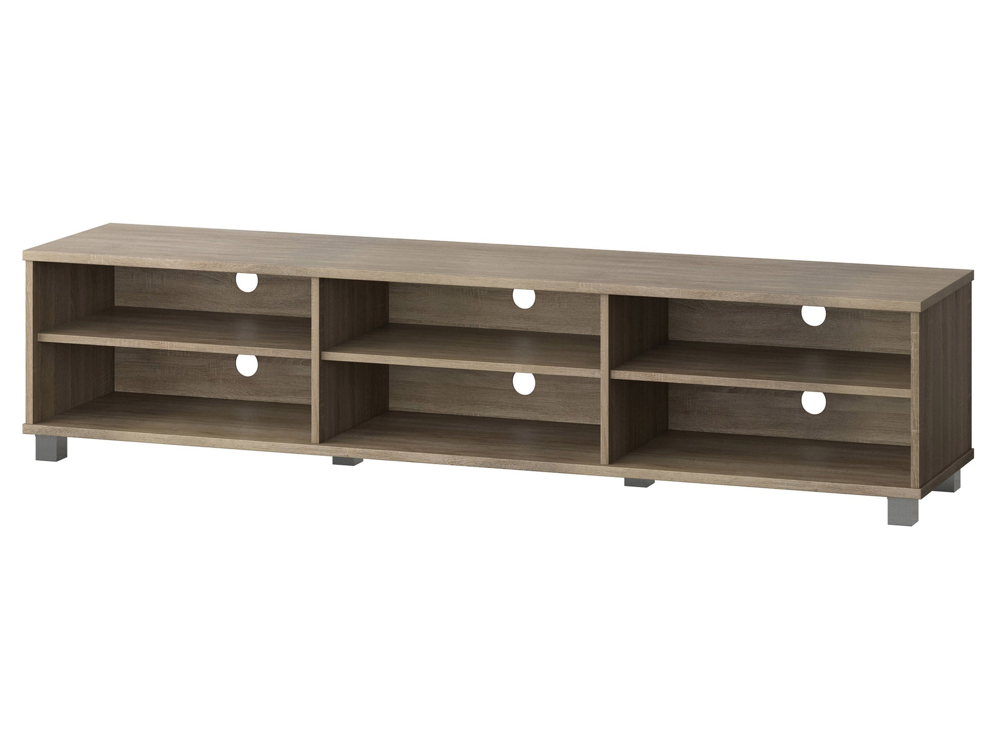 Modern brown TV stand for TVs up to 85 inches, featuring sleek lines, wood finish, open shelving, and two cabinets with metal handles for storage. Ideal for contemporary living rooms.