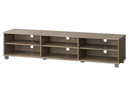 Modern brown TV stand for TVs up to 85 inches, featuring sleek lines, wood finish, open shelving, and two cabinets with metal handles for storage. Ideal for contemporary living rooms.