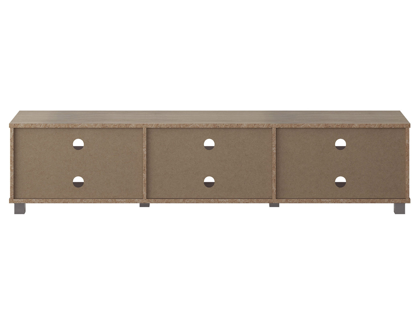 Modern brown TV stand for TVs up to 85 inches, featuring sleek lines, wood finish, open shelving, and two cabinets with metal handles for storage. Ideal for contemporary living rooms.