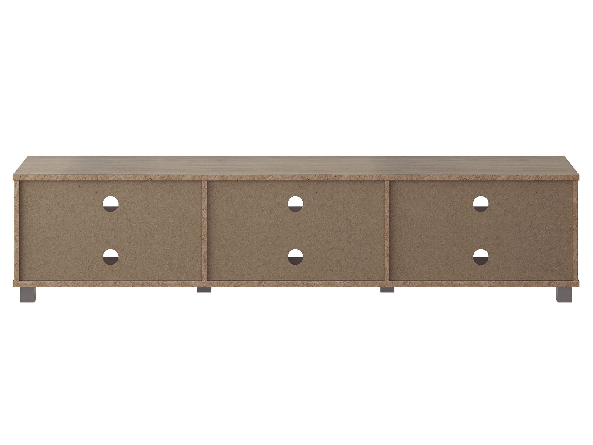 Modern brown TV stand for TVs up to 85 inches, featuring sleek lines, wood finish, open shelving, and two cabinets with metal handles for storage. Ideal for contemporary living rooms.