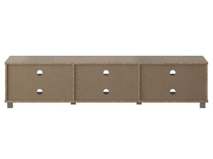 Modern brown TV stand for TVs up to 85 inches, featuring sleek lines, wood finish, open shelving, and two cabinets with metal handles for storage. Ideal for contemporary living rooms.