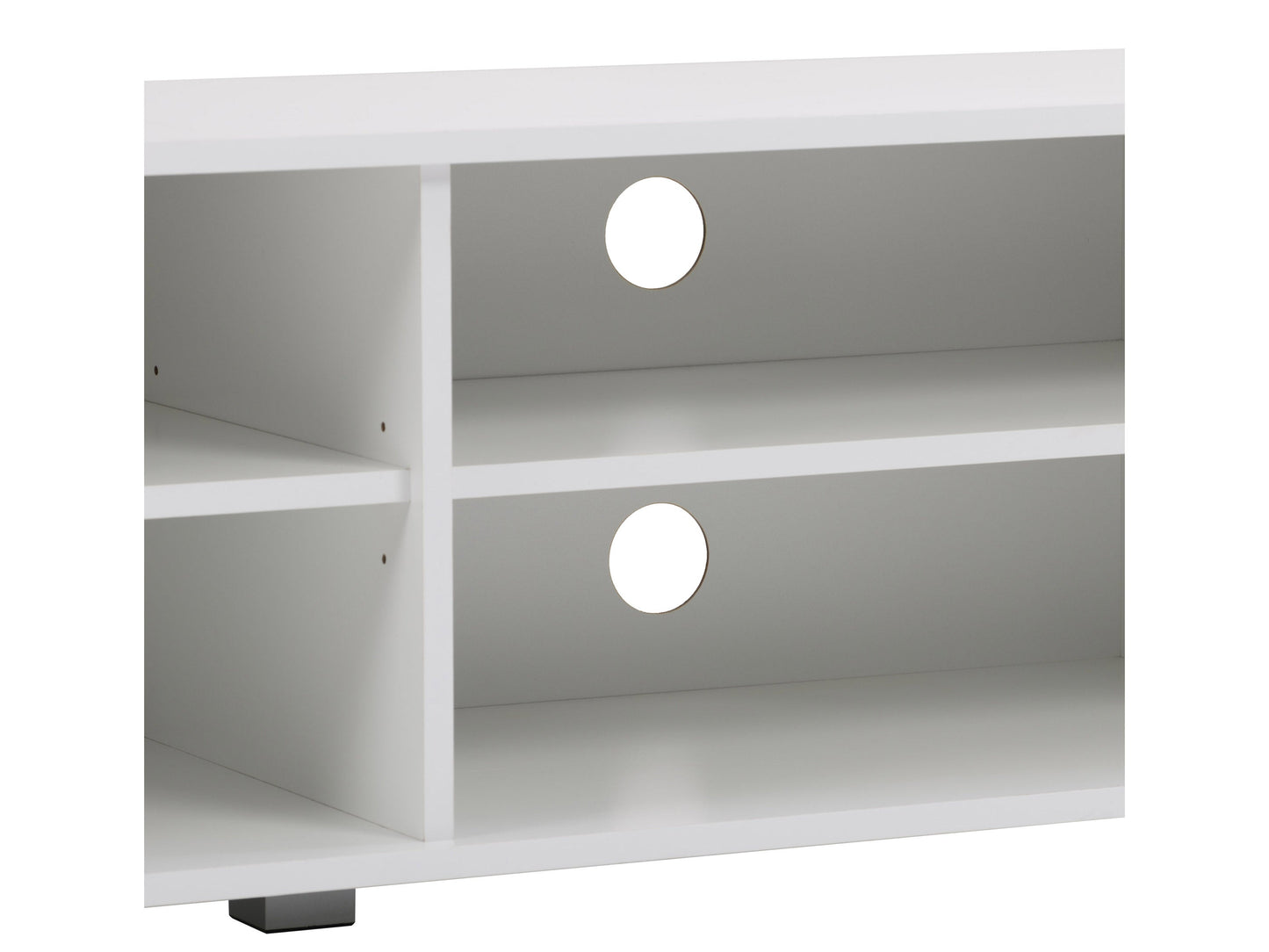 White modern TV stand for TVs up to 85 inches, featuring sleek design, clean lines, and spacious storage shelves. Made of durable materials with a glossy finish, perfect for contemporary living rooms.