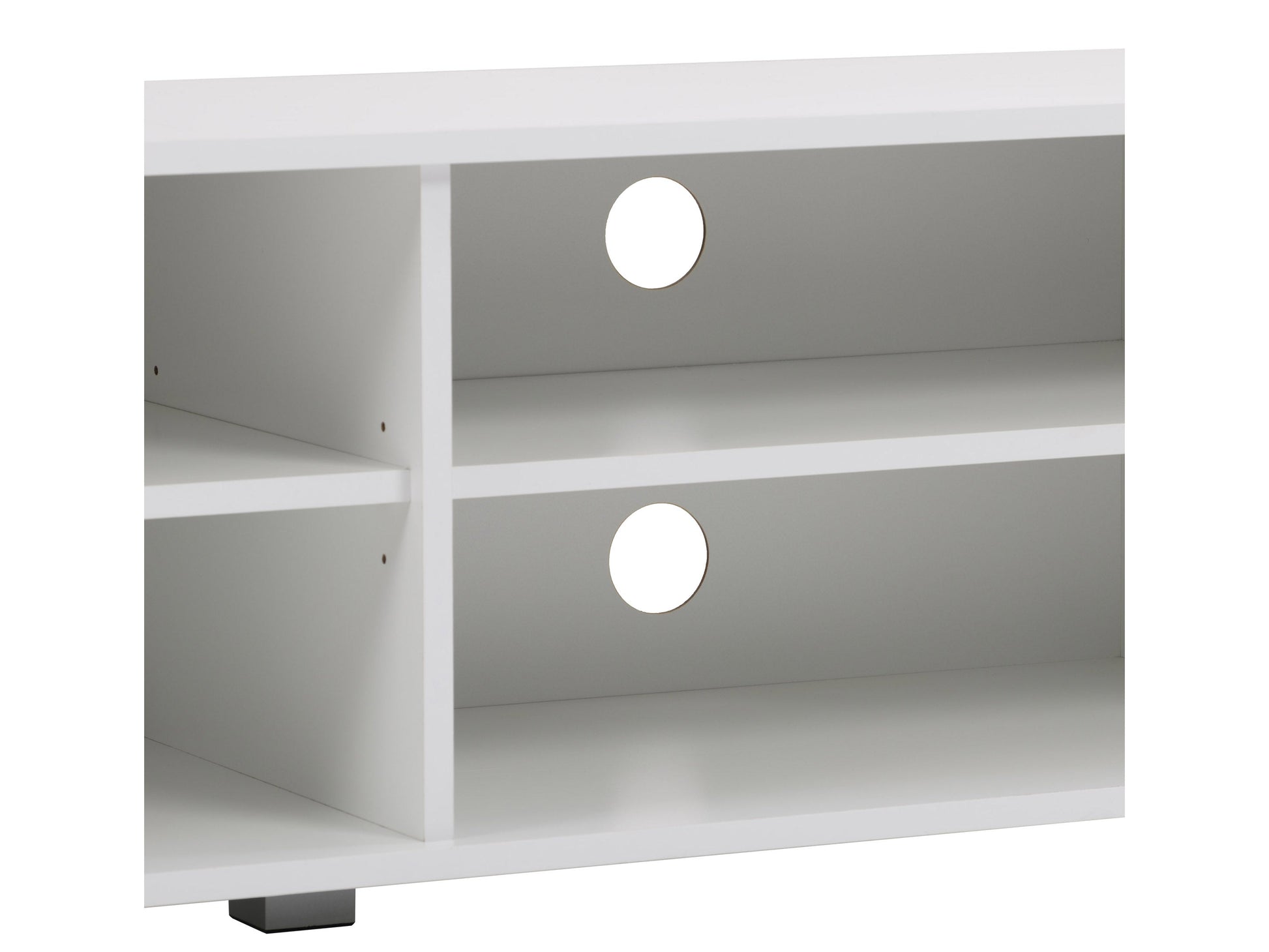 White modern TV stand for TVs up to 85 inches, featuring sleek design, clean lines, and spacious storage shelves. Made of durable materials with a glossy finish, perfect for contemporary living rooms.
