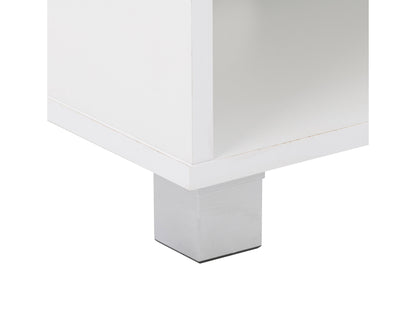 Modern black TV stand for TVs up to 85 inches, featuring sleek lines, minimalist design, and ample storage with open shelves and cabinets. Made of durable materials with a smooth finish.
