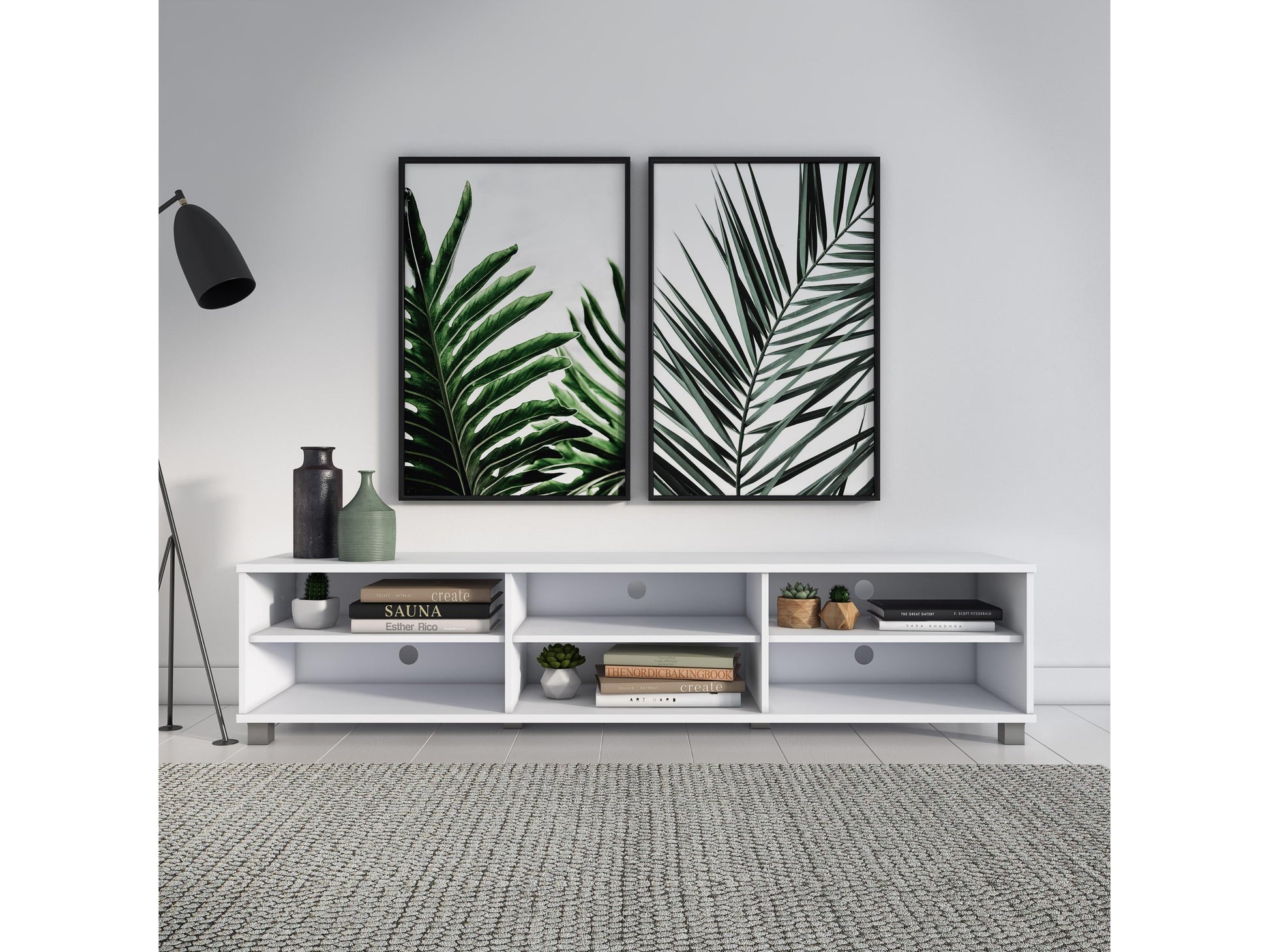 White modern TV stand for TVs up to 85 inches, featuring sleek design, clean lines, and spacious storage shelves. Made of durable materials with a glossy finish, perfect for contemporary living rooms.