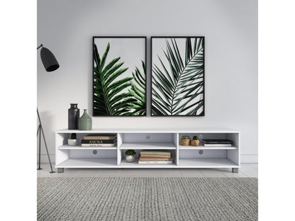 White modern TV stand for TVs up to 85 inches, featuring sleek design, clean lines, and spacious storage shelves. Made of durable materials with a glossy finish, perfect for contemporary living rooms.