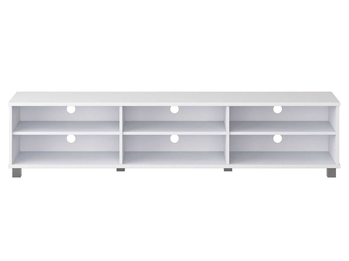White modern TV stand for TVs up to 85 inches, featuring sleek design, clean lines, and spacious storage shelves. Made of durable materials with a glossy finish, perfect for contemporary living rooms.