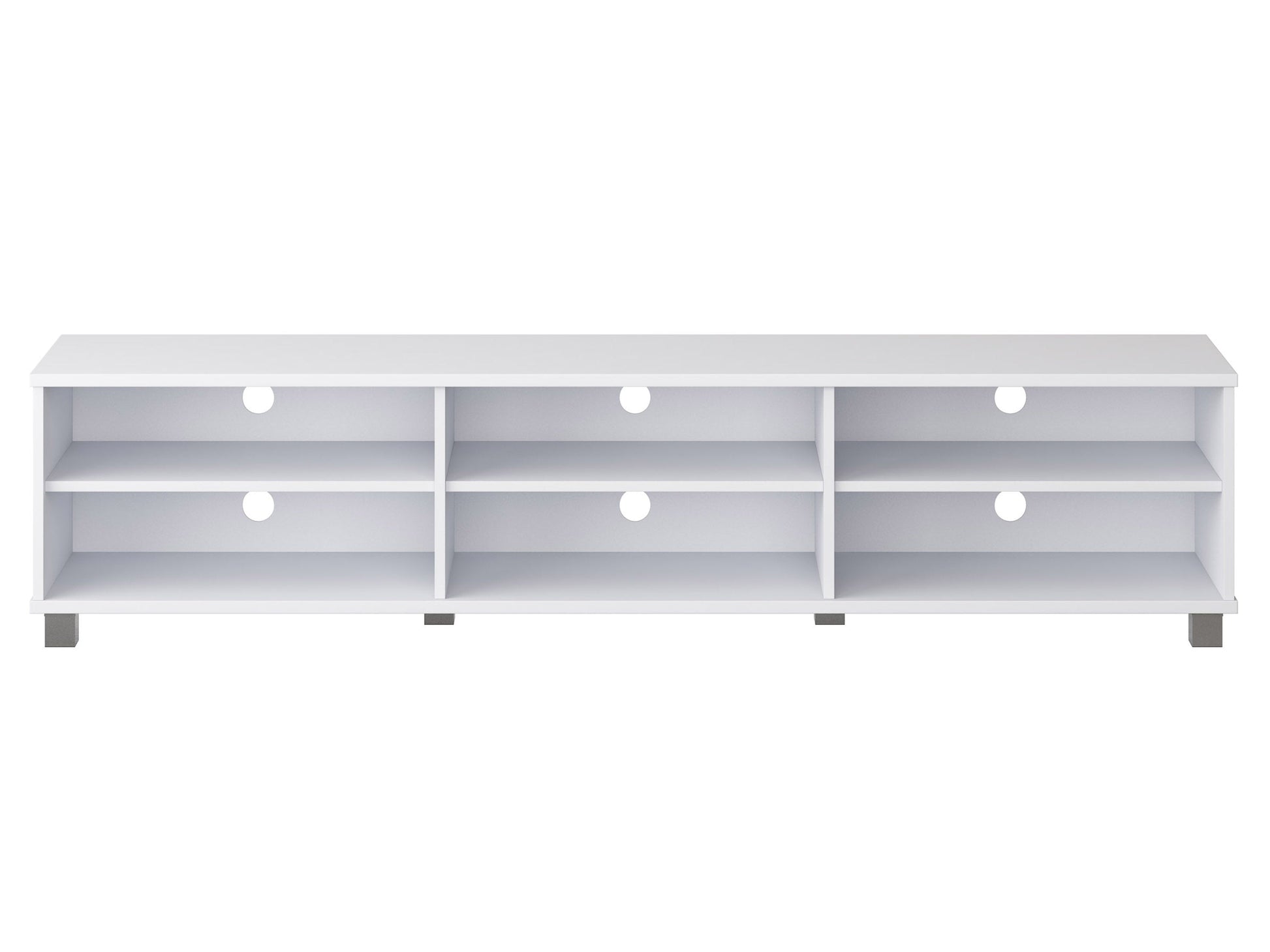 White modern TV stand for TVs up to 85 inches, featuring sleek design, clean lines, and spacious storage shelves. Made of durable materials with a glossy finish, perfect for contemporary living rooms.