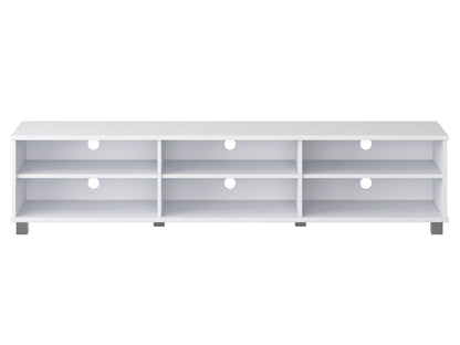 White modern TV stand for TVs up to 85 inches, featuring sleek design, clean lines, and spacious storage shelves. Made of durable materials with a glossy finish, perfect for contemporary living rooms.