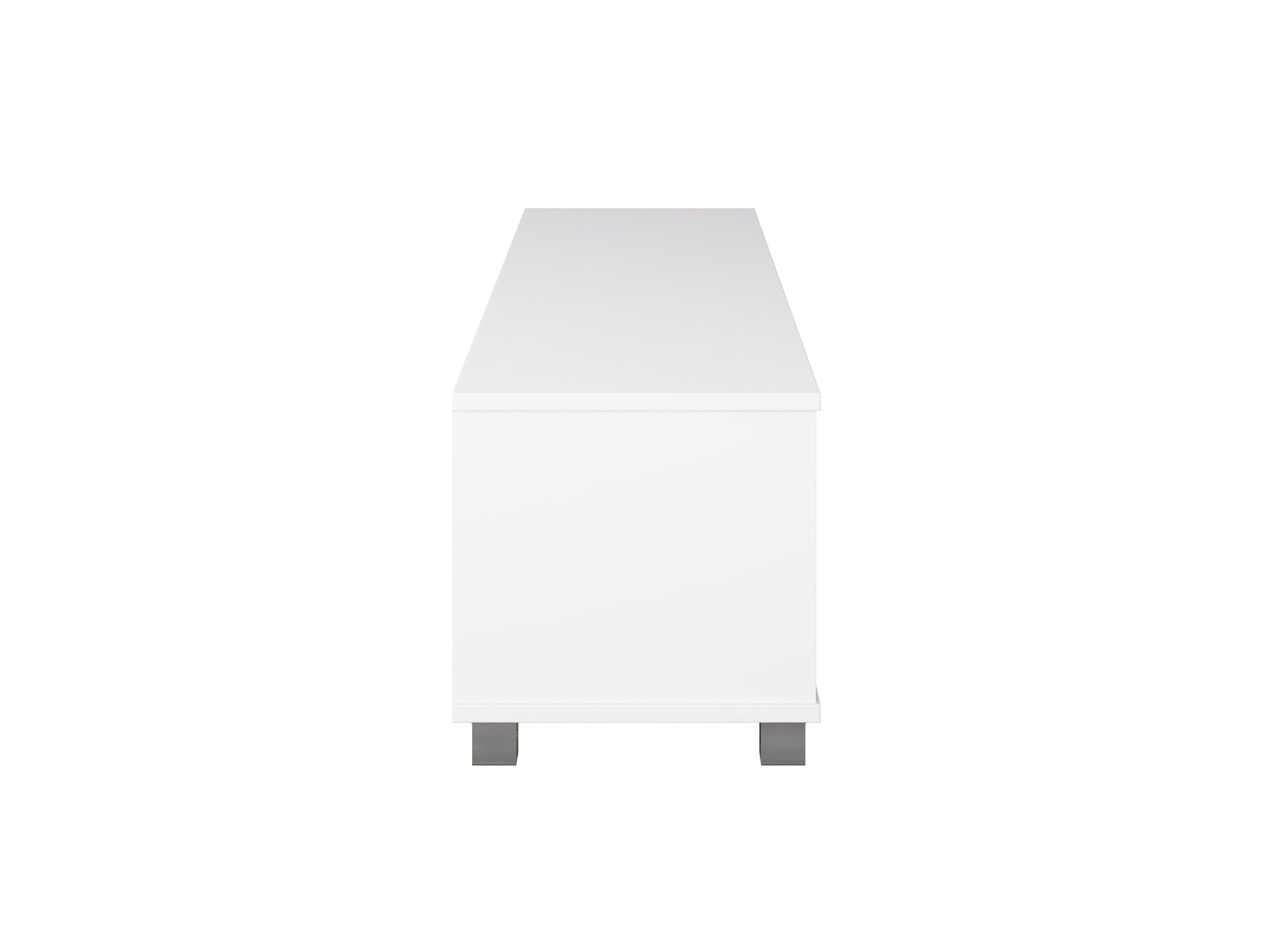 White modern TV stand for TVs up to 85 inches, featuring sleek design, clean lines, and spacious storage shelves. Made of durable materials with a glossy finish, perfect for contemporary living rooms.
