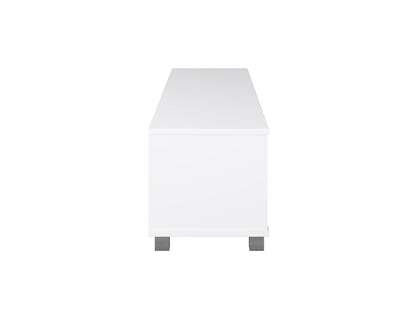 White modern TV stand for TVs up to 85 inches, featuring sleek design, clean lines, and spacious storage shelves. Made of durable materials with a glossy finish, perfect for contemporary living rooms.