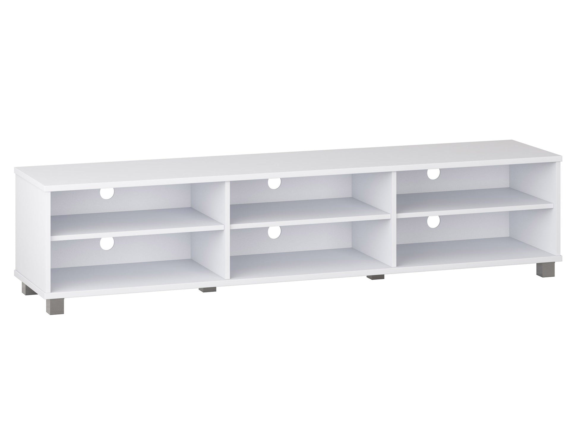 White modern TV stand for TVs up to 85 inches, featuring sleek design, clean lines, and spacious storage shelves. Made of durable materials with a glossy finish, perfect for contemporary living rooms.