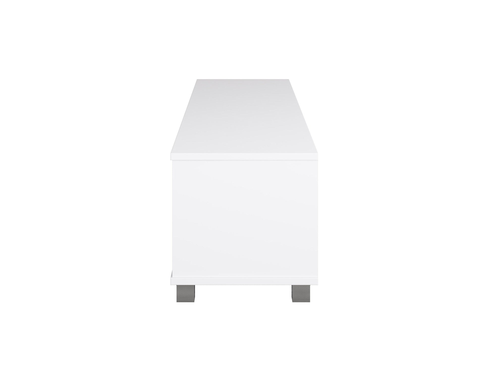 White modern TV stand for TVs up to 85 inches, featuring sleek design, clean lines, and spacious storage shelves. Made of durable materials with a glossy finish, perfect for contemporary living rooms.