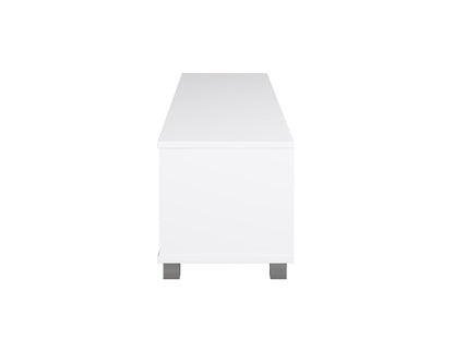 White modern TV stand for TVs up to 85 inches, featuring sleek design, clean lines, and spacious storage shelves. Made of durable materials with a glossy finish, perfect for contemporary living rooms.