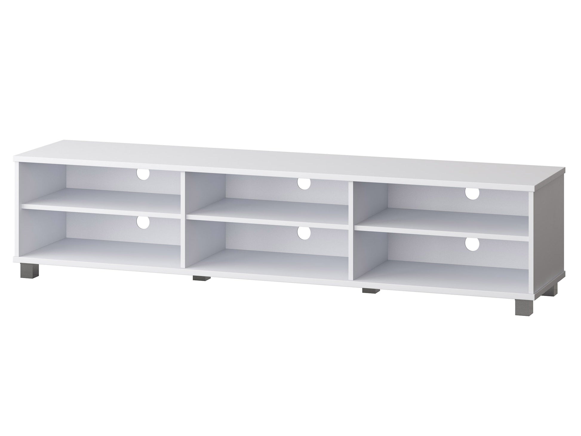 White modern TV stand for TVs up to 85 inches, featuring sleek design, clean lines, and spacious storage shelves. Made of durable materials with a glossy finish, perfect for contemporary living rooms.