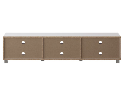 White modern TV stand for TVs up to 85 inches, featuring sleek design, clean lines, and spacious storage shelves. Made of durable materials with a glossy finish, perfect for contemporary living rooms.