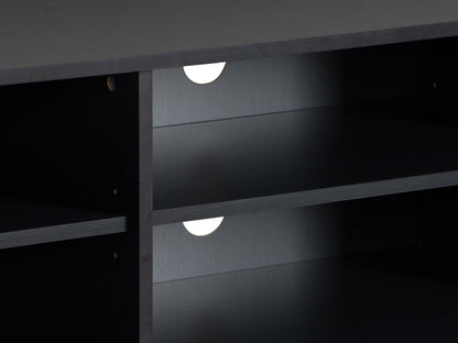 Modern black TV stand for TVs up to 85 inches, featuring sleek lines, minimalist design, and ample storage with open shelves and cabinets. Made of durable materials with a smooth finish.