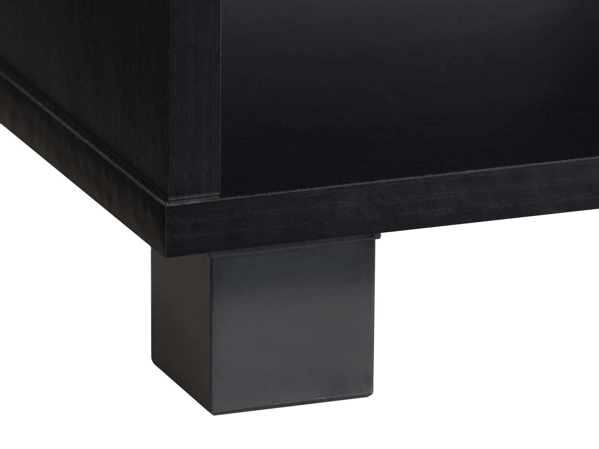 Modern black TV stand for TVs up to 85 inches, featuring sleek lines, minimalist design, and ample storage with open shelves and cabinets. Made of durable materials with a smooth finish.