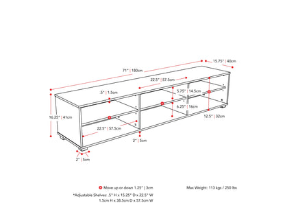 Modern black TV stand for TVs up to 85 inches, featuring sleek lines, minimalist design, and ample storage with open shelves and cabinets. Made of durable materials with a smooth finish.