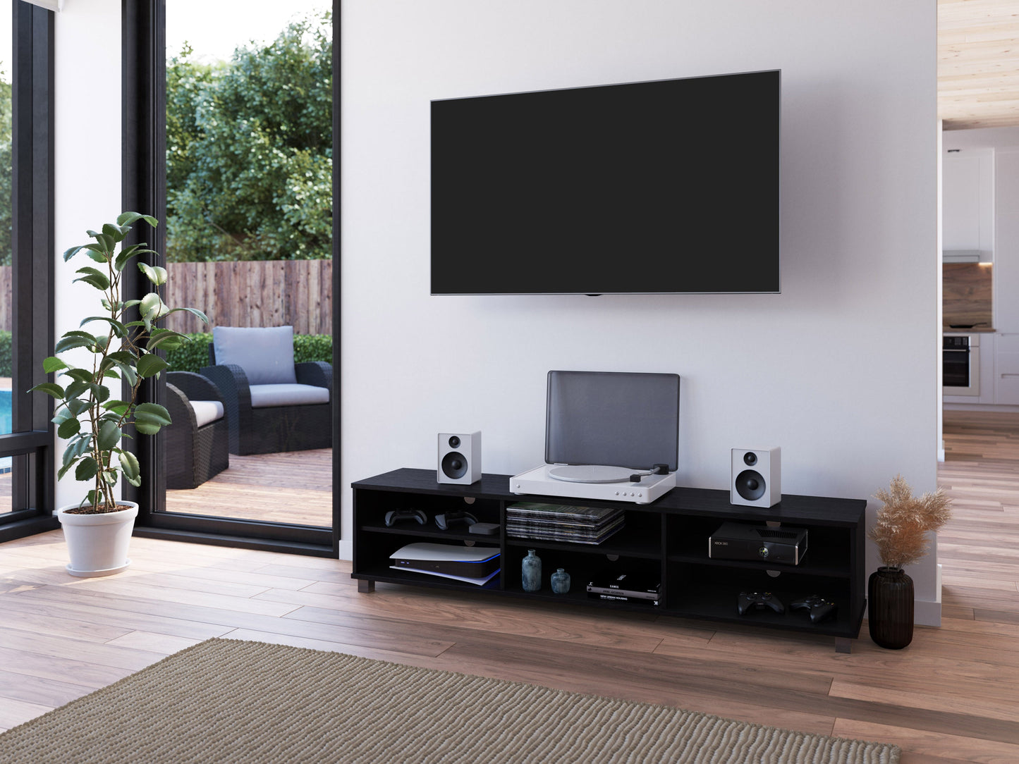 Modern black TV stand for TVs up to 85 inches, featuring sleek lines, minimalist design, and ample storage with open shelves and cabinets. Made of durable materials with a smooth finish.