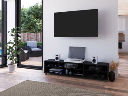 Modern black TV stand for TVs up to 85 inches, featuring sleek lines, minimalist design, and ample storage with open shelves and cabinets. Made of durable materials with a smooth finish.