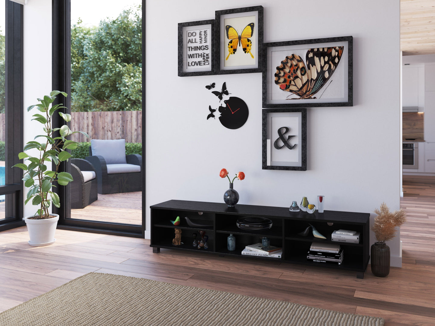 Modern black TV stand for TVs up to 85 inches, featuring sleek lines, minimalist design, and ample storage with open shelves and cabinets. Made of durable materials with a smooth finish.