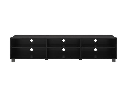 Modern black TV stand for TVs up to 85 inches, featuring sleek lines, minimalist design, and ample storage with open shelves and cabinets. Made of durable materials with a smooth finish.