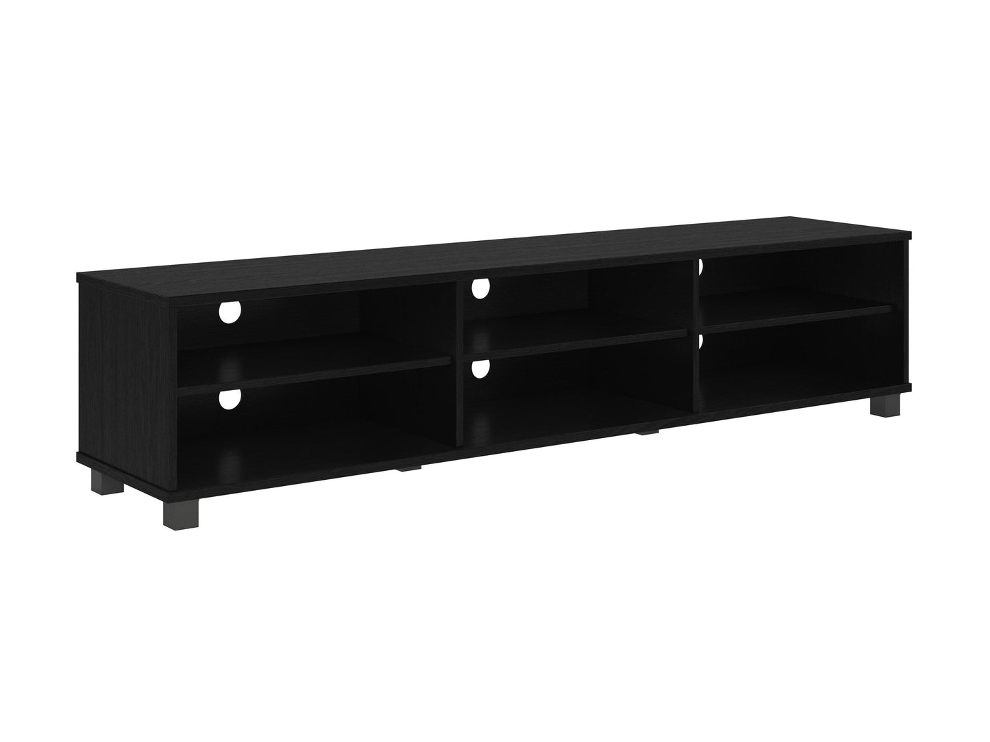Modern black TV stand for TVs up to 85 inches, featuring sleek lines, minimalist design, and ample storage with open shelves and cabinets. Made of durable materials with a smooth finish.