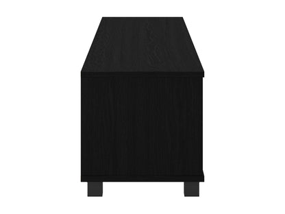 Modern black TV stand for TVs up to 85 inches, featuring sleek lines, minimalist design, and ample storage with open shelves and cabinets. Made of durable materials with a smooth finish.