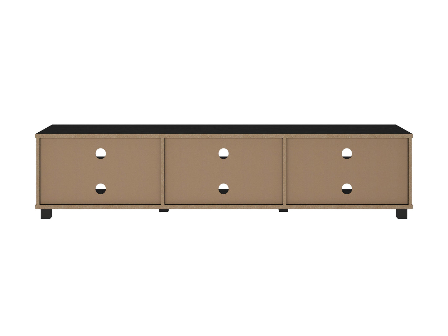 Modern black TV stand for TVs up to 85 inches, featuring sleek lines, minimalist design, and ample storage with open shelves and cabinets. Made of durable materials with a smooth finish.