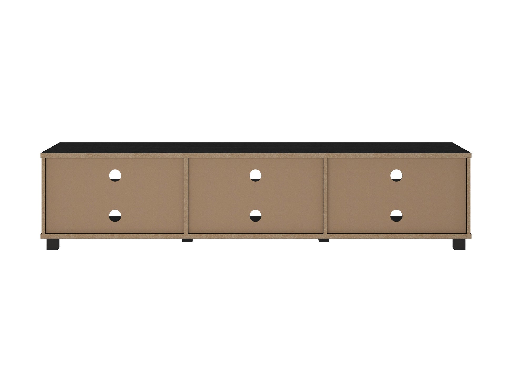 Modern black TV stand for TVs up to 85 inches, featuring sleek lines, minimalist design, and ample storage with open shelves and cabinets. Made of durable materials with a smooth finish.