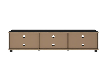 Modern black TV stand for TVs up to 85 inches, featuring sleek lines, minimalist design, and ample storage with open shelves and cabinets. Made of durable materials with a smooth finish.