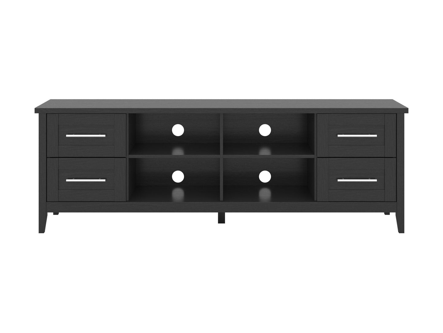 Wide wooden TV stand with a dark walnut finish, featuring sleek metal legs, open shelving, and two storage cabinets, suitable for TVs up to 85 inches. Ideal for modern living rooms.