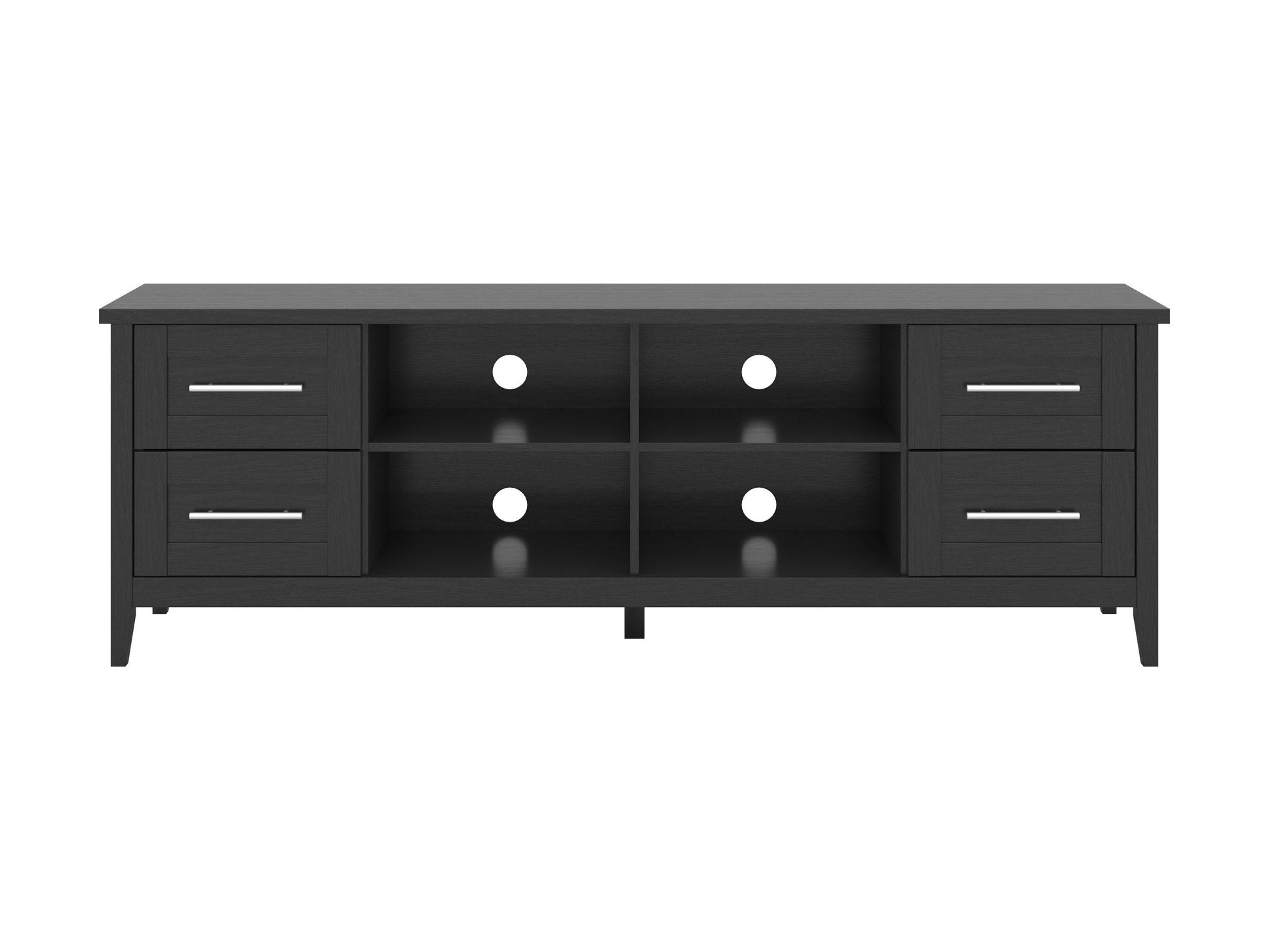 Wide wooden TV stand with a dark walnut finish, featuring sleek metal legs, open shelving, and two storage cabinets, suitable for TVs up to 85 inches. Ideal for modern living rooms.