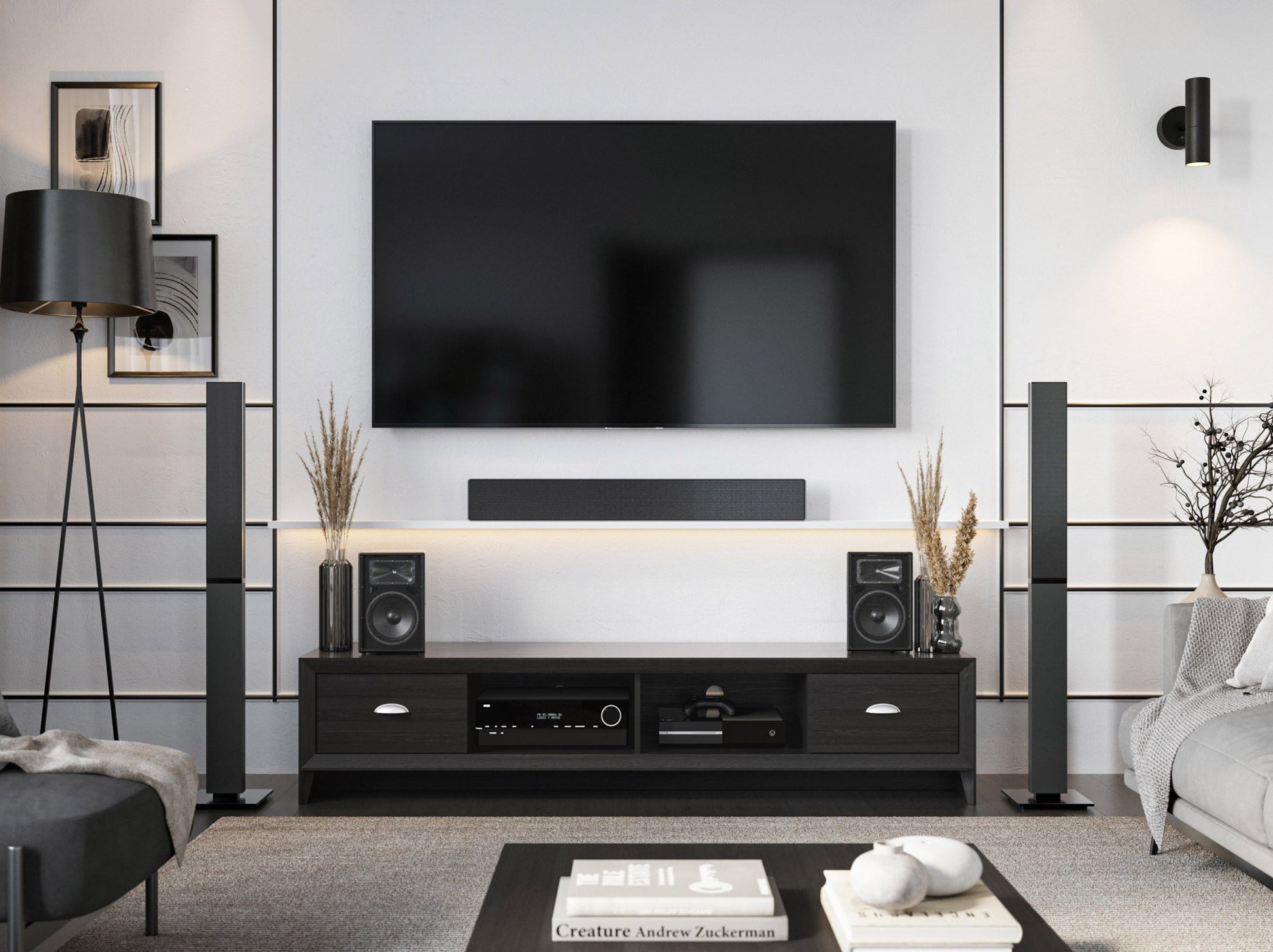 Black TV stand for TVs up to 85 inches, featuring sleek black finish, sturdy metal frame, tempered glass shelves, and cable management system. Ideal for modern living rooms and home theaters.